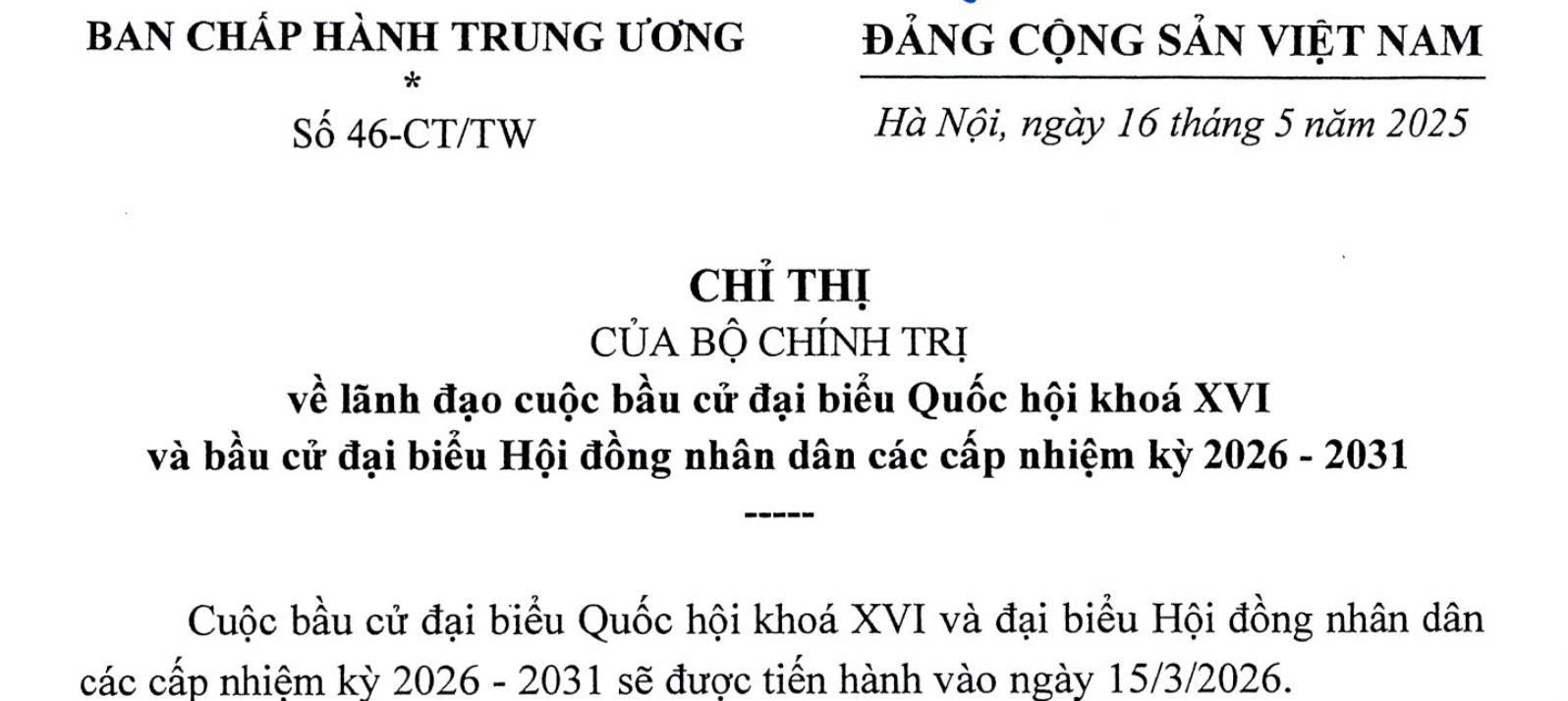 Chỉ thị của Bộ Chính trị về lãnh đạo cuộc bầu cử đại biểu Quốc hội khóa XVI và bầu cử đại biểu Hội đồng nhân dân các cấp nhiệm kỳ 2026-2031