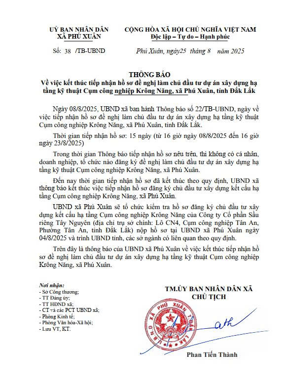 Về việc kết thúc tiếp nhận hồ sơ đề nghị làm chủ đầu tư dự án xây dựng hạ tầng kỹ thuật Cụm công nghiệp Krông Năng, xã Phú Xuân, tỉnh Đắk Lắk