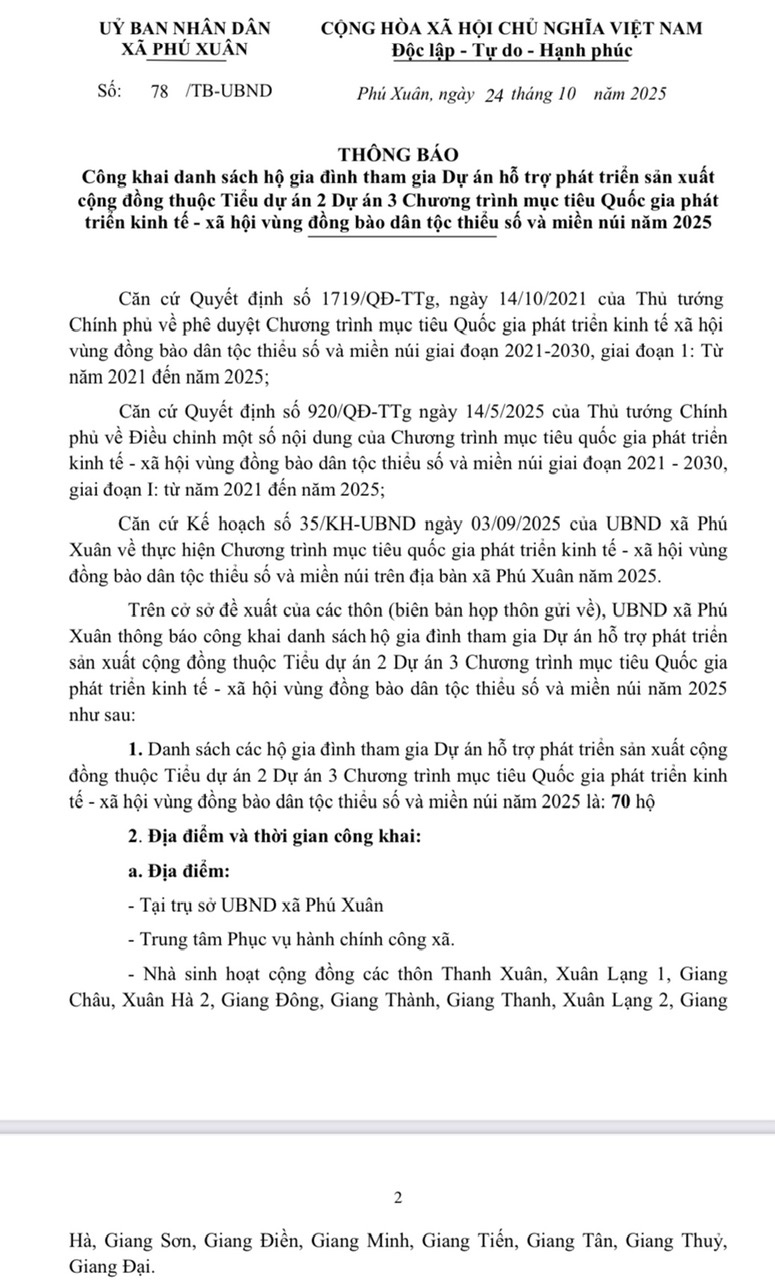 Thông báo Công khai danh sách hộ gia đình tham gia Dự án hỗ trợ phát triển sản xuất cộng đồng thuộc Tiểu dự án 2 Dự án 3 Chương trình tiêu gia phát triển kinh tế - xã hội vùng đồng bào dân tộc thiểu số và miền núi năm 2025