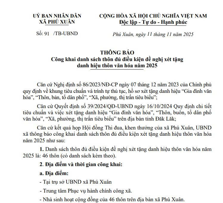 Thông Báo Công khai danh sách thôn đủ điều kiện đề nghị xét tặng danh hiệu thôn văn hóa năm 2025