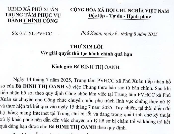 thư xin lỗi về giải quyết thủ tục hành chính