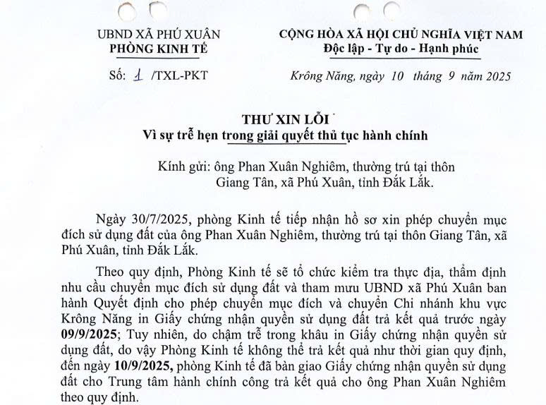thư xin lỗi về giải quyết thủ tục hành chính