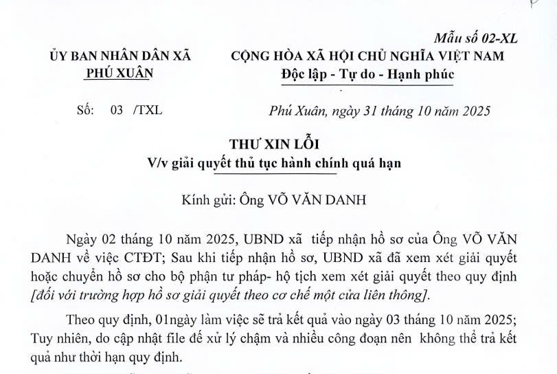 Thư xin lỗi về giải quyết thủ tục hành chính