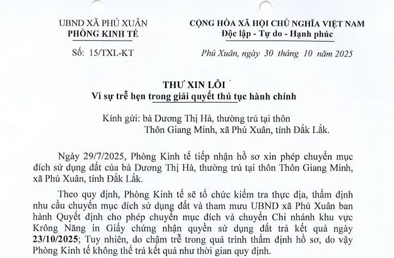 Thư xin lỗi về giải quyết thủ tục hành chính