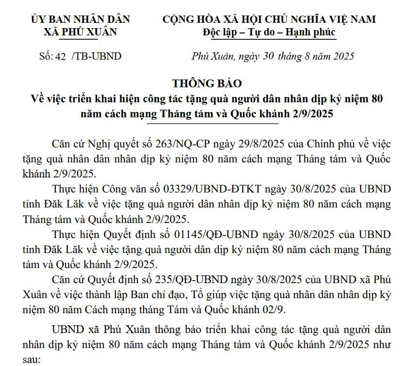 Thông báo Về việc triển khai hiện công tác tặng quà người dân nhân dịp kỷ niệm 80 năm cách mạng Tháng tám và Quốc khánh 2/9/2025