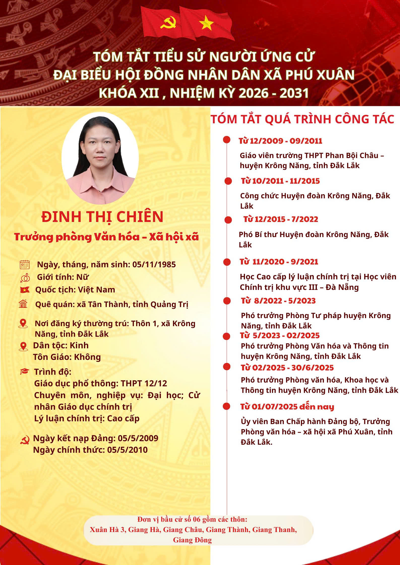 Tóm tắt tiểu sử Bà: Đinh Thị Chiên - Trưởng phòng văn hóa xã hội xã Phú Xuân.