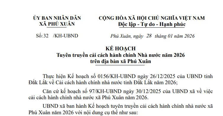 Kế hoạch Tuyên truyền cải cách hành chính Nhà nước năm 2026 trên địa bàn xã Phú Xuân