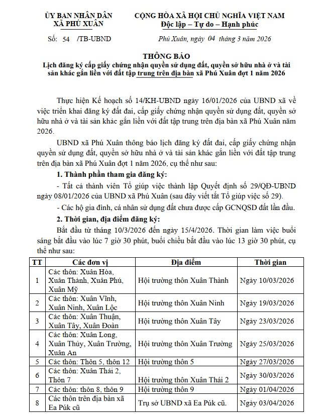 Thông báo Lịch đăng ký cấp giấy chứng nhận quyền sử dụng đất, quyền sở hữu nhà ở và tài sản khác gắn liền với đất tập trung trên địa bàn xã Phú Xuân đợt 1 năm 2026