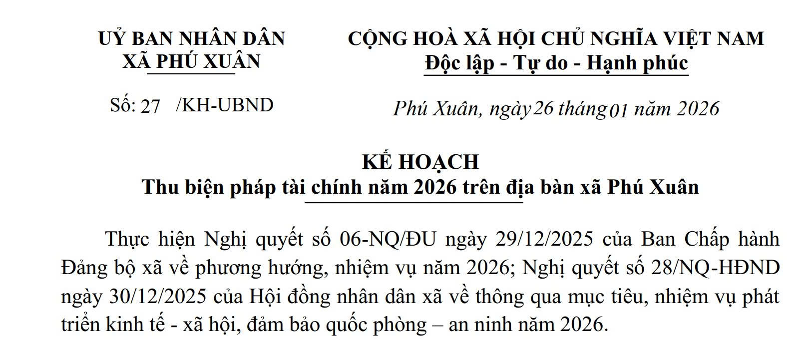Kế hoạch Thu biện pháp tài chính năm 2026 trên địa bàn xã Phú Xuân