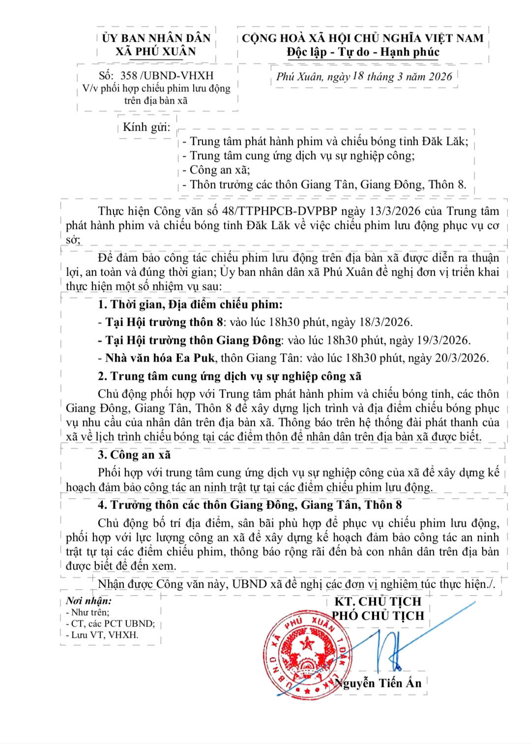 THÔNG BÁO CHIẾU PHIM LƯU ĐỘNG