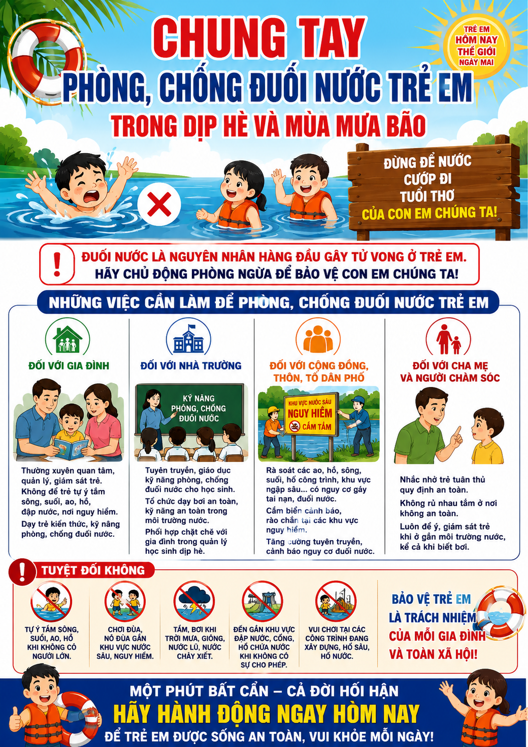 CHUNG TAY PHÒNG, CHỐNG ĐUỐI NƯỚC TRẺ EM TRONG DỊP HÈ VÀ MÙA MƯA BÃO.
