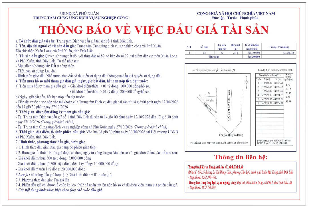 THÔNG BÁO ĐẤU GIÁ QUYỀN SỬ DỤNG ĐẤT Ở TẠI THÔN XUÂN LONG, XÃ PHÚ XUÂN.