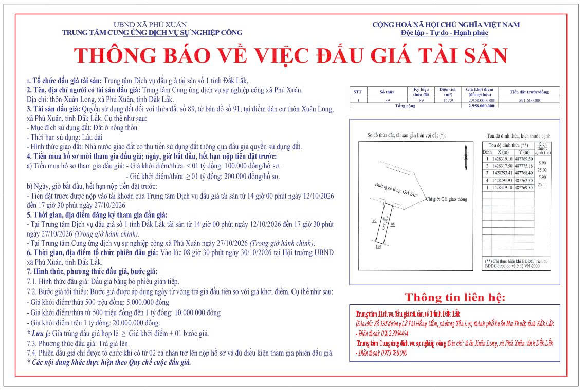 THÔNG BÁO ĐẤU GIÁ QUYỀN SỬ DỤNG ĐẤT Ở TẠI THÔN XUÂN LONG, XÃ PHÚ XUÂN.