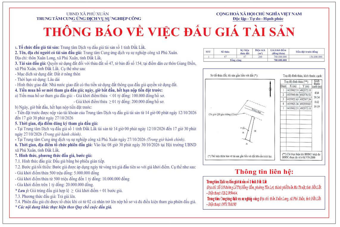 THÔNG BÁO ĐẤU GIÁ QUYỀN SỬ DỤNG ĐẤT Ở TẠI THÔN GIANG ĐIỀN, XÃ PHÚ XUÂN.