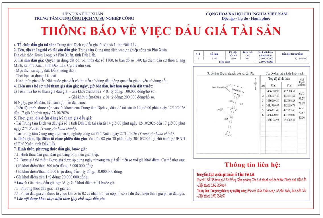 THÔNG BÁO ĐẤU GIÁ QUYỀN SỬ DỤNG ĐẤT Ở TẠI THÔN GIANG MINH, XÃ PHÚ XUÂN.