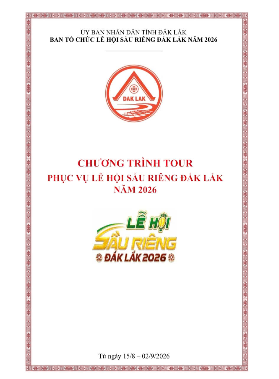 KHUNG CHƯƠNG TRÌNH TOUR PHỤC VỤ LỄ HỘI SẦU RIÊNG NĂM 2026