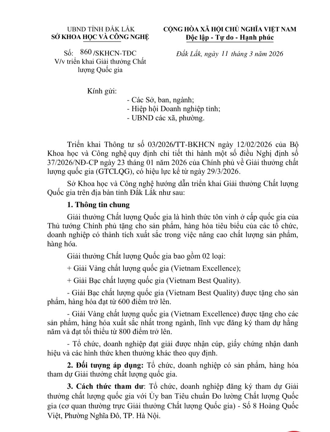V/v triển khai Giải thưởng Chất  lượng Quốc gia