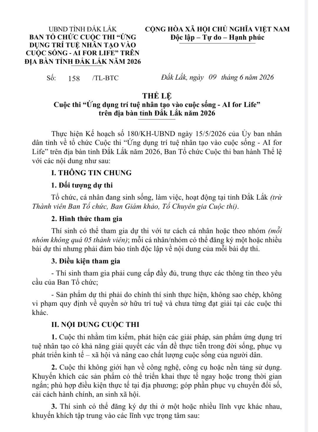 THỂ LỆ: Cuộc thi “Ứng dụng trí tuệ nhân tạo vào cuộc sống - AI for Life” trên địa bàn tỉnh Đắk Lắk năm 2026.