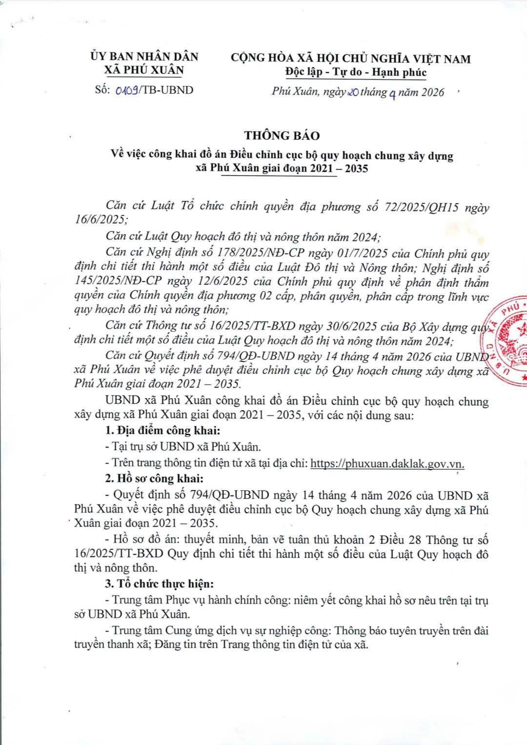 THÔNG BÁO: V/v công khai đồ án Điều chỉnh cục bộ quy hoạch chung xây dựng xã Phú Xuân giai đoạn 2021-2035
