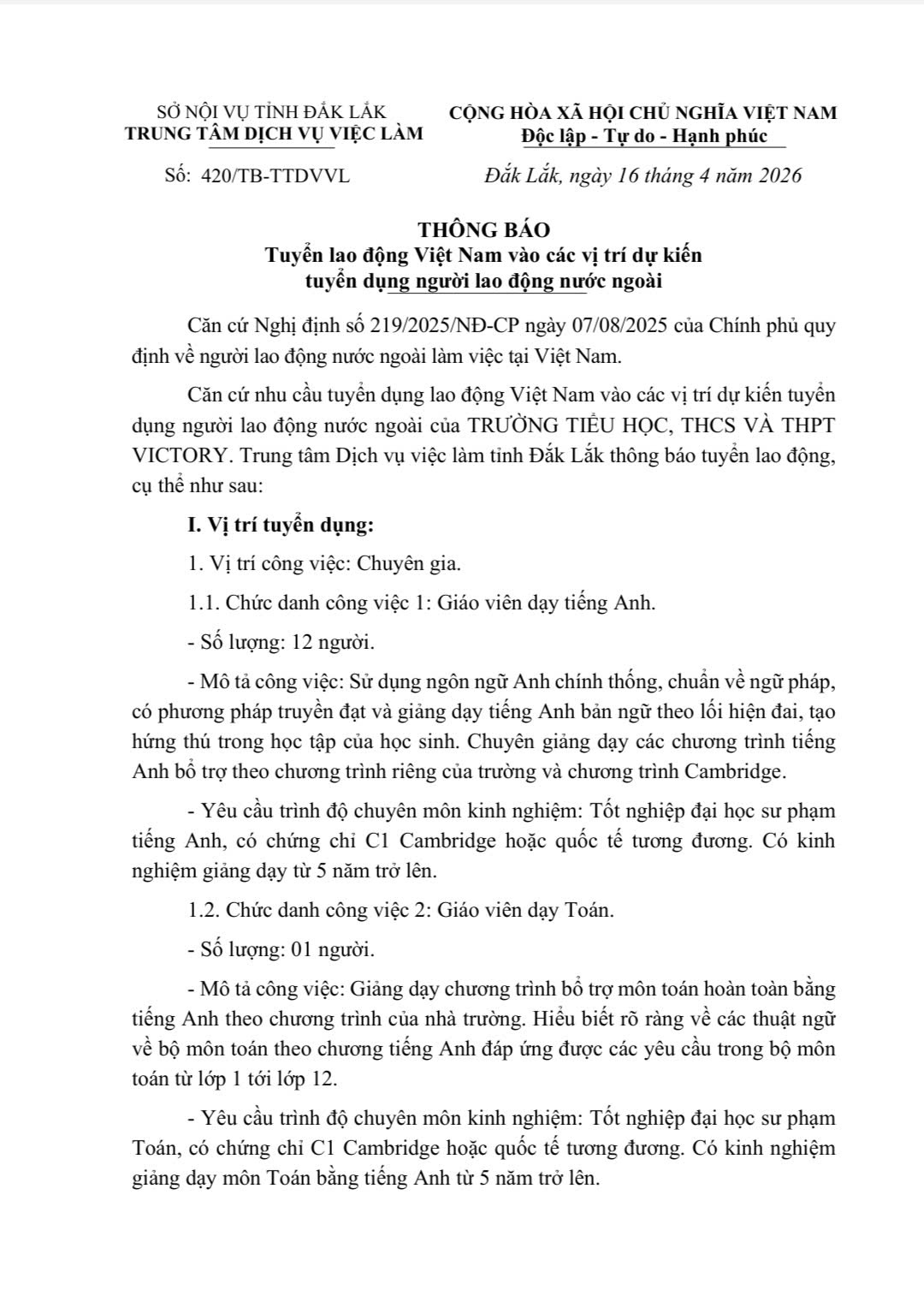 THÔNG BÁO: Về thông tin tuyển dụng lao động
