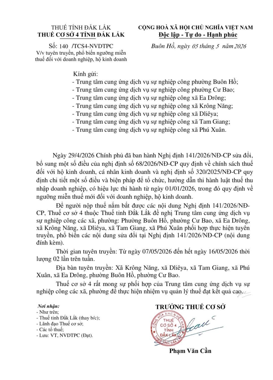 V/v tuyên truyền, phổ biến ngưỡng miễn thuế đối với doanh nghiệp, hộ kinh doanh